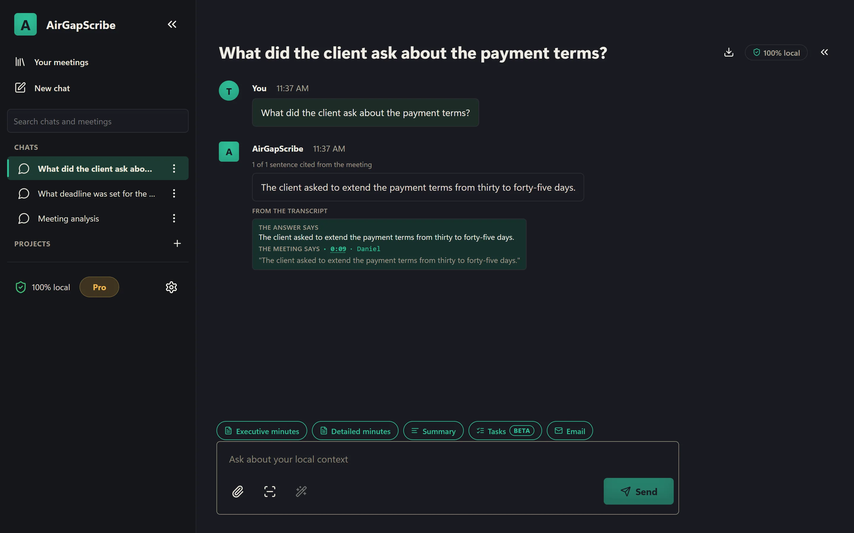 Meeting assistant answering "What did the client ask about the payment terms?" with the real answer from the transcript: the client asked to extend the payment terms to forty-five days.