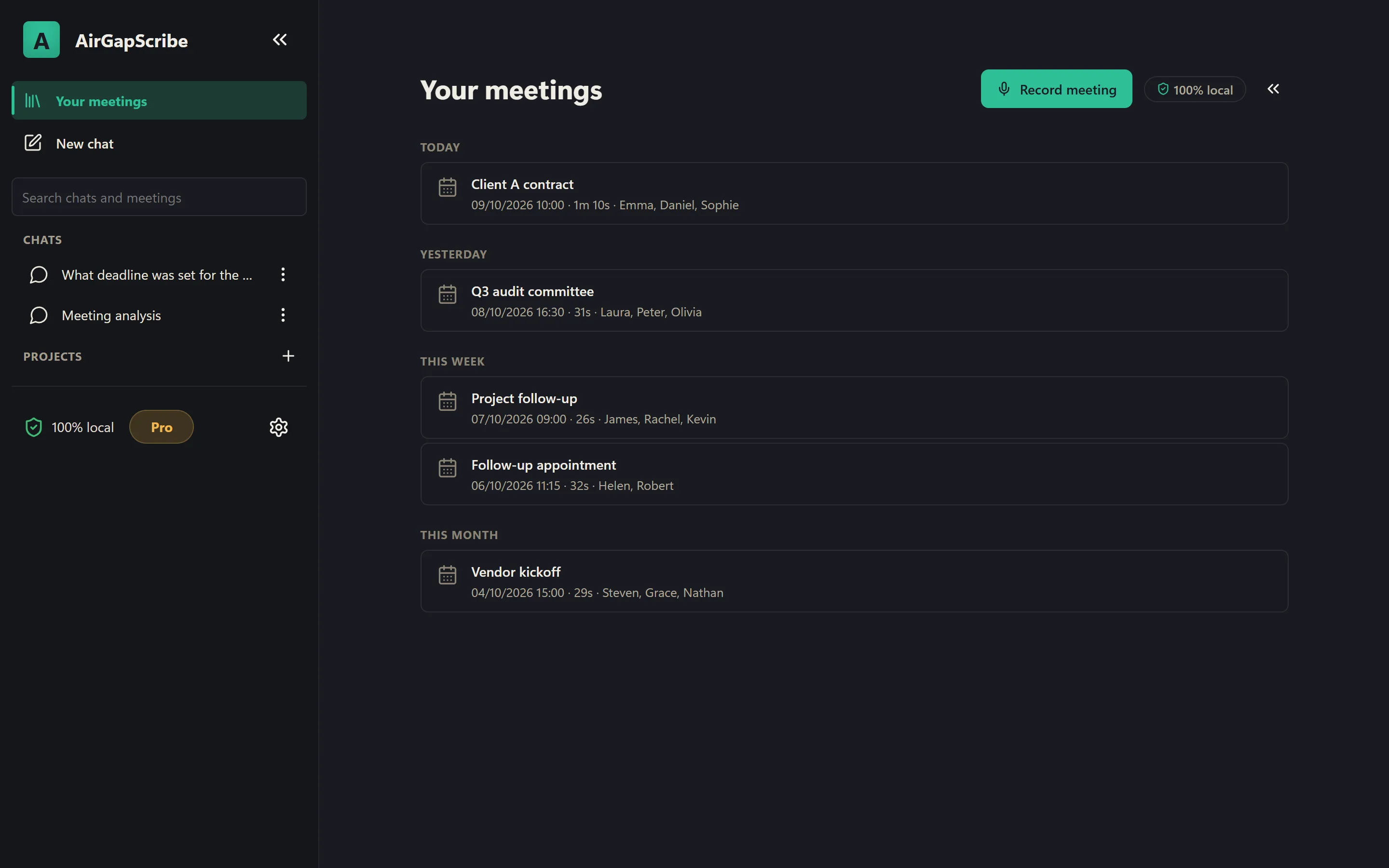 AirGapScribe meeting list, with the Record meeting button at the top and meetings grouped by date, with their duration and who spoke