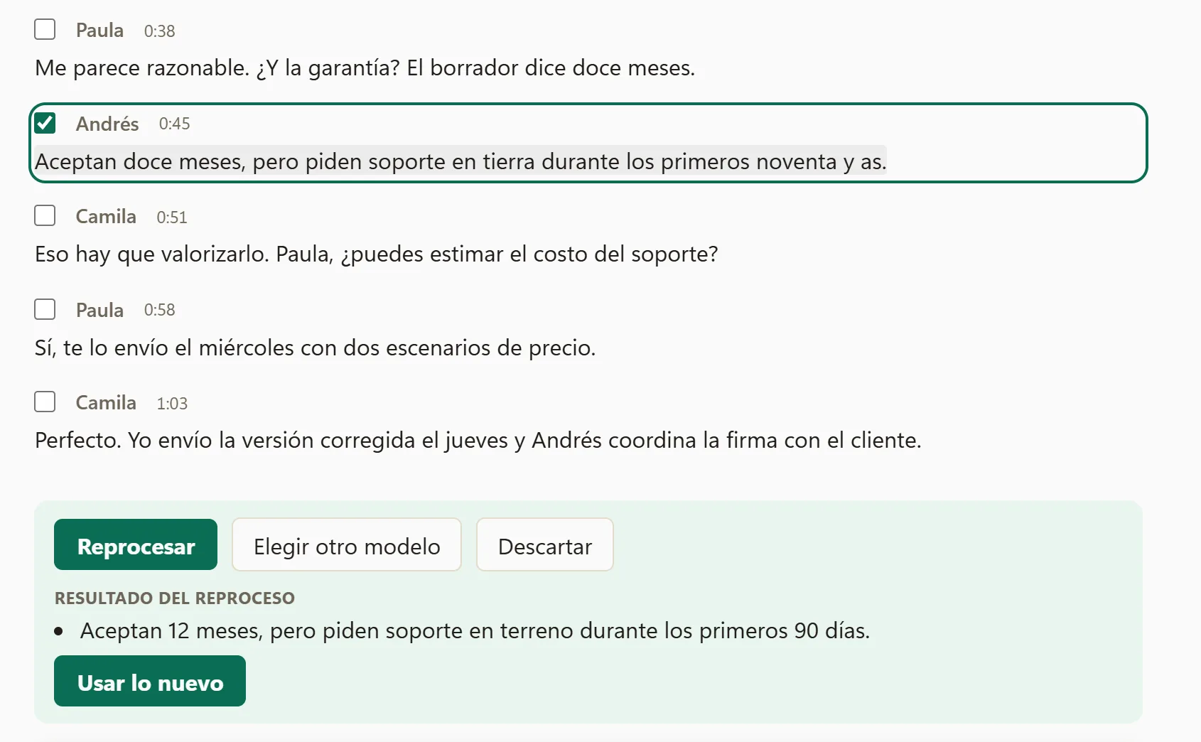 Un tramo reprocesado debajo del original, con los botones Usar lo nuevo y Descartar
