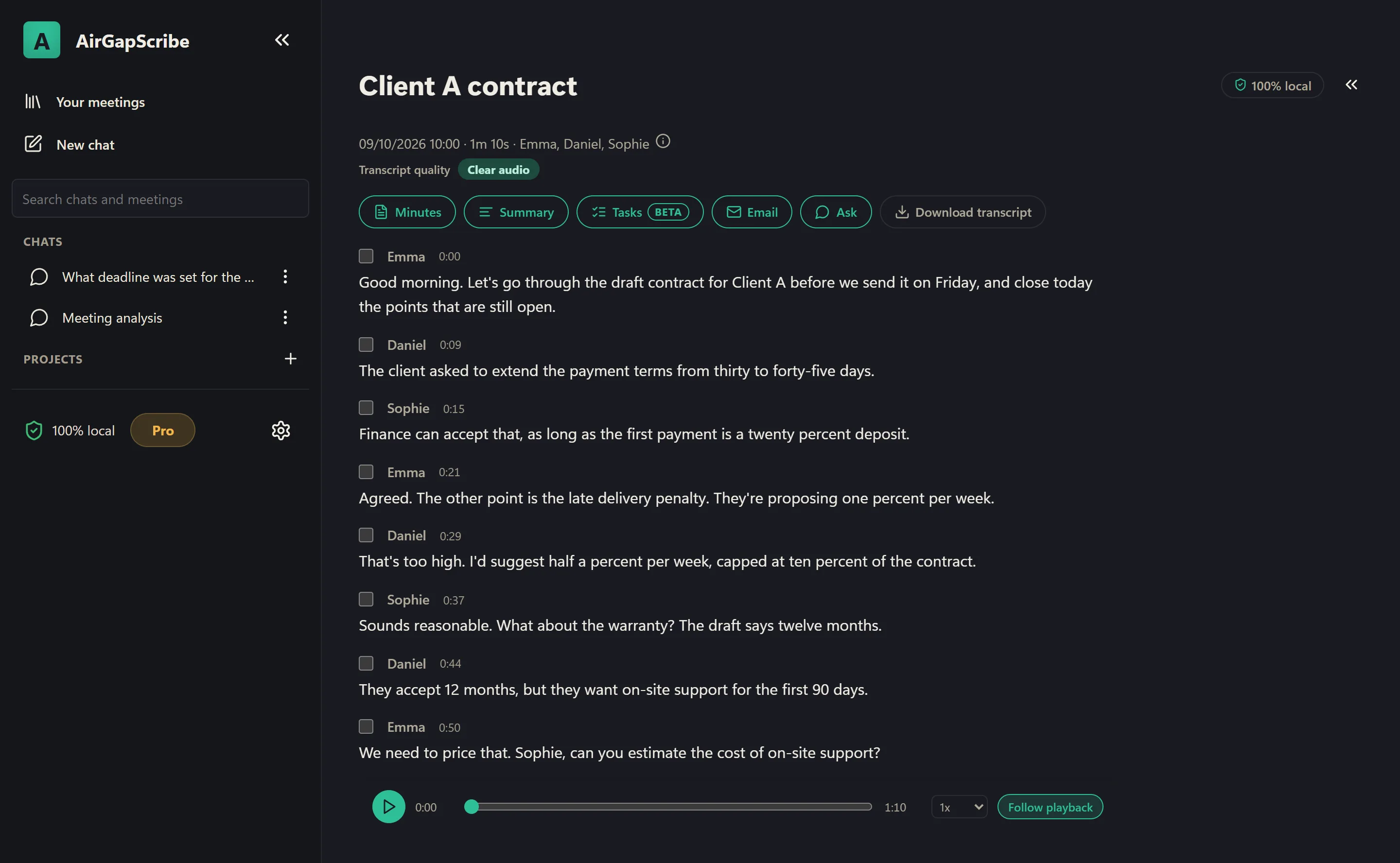A meeting page in AirGapScribe: title, transcript quality, a bar with Minutes, Summary, Tasks, Email and Ask, and the turns with their time