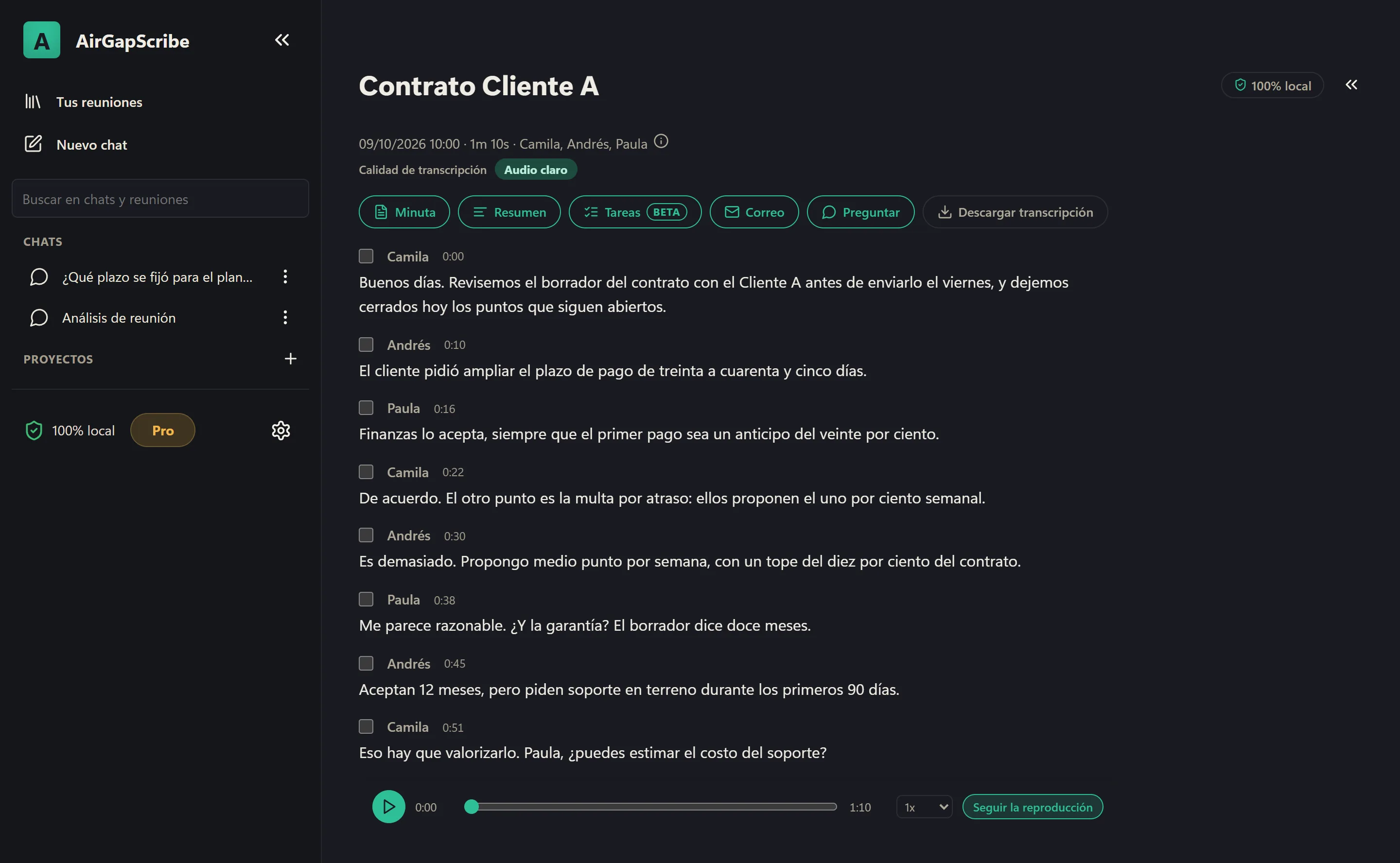 Página de una reunión en AirGapScribe: título, calidad de la transcripción, barra con Minuta, Resumen, Tareas, Correo y Preguntar, y los turnos con su hora