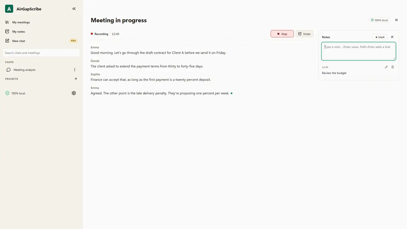Meeting in progress: the live transcript on the left and the notes panel with one note and the Mark button