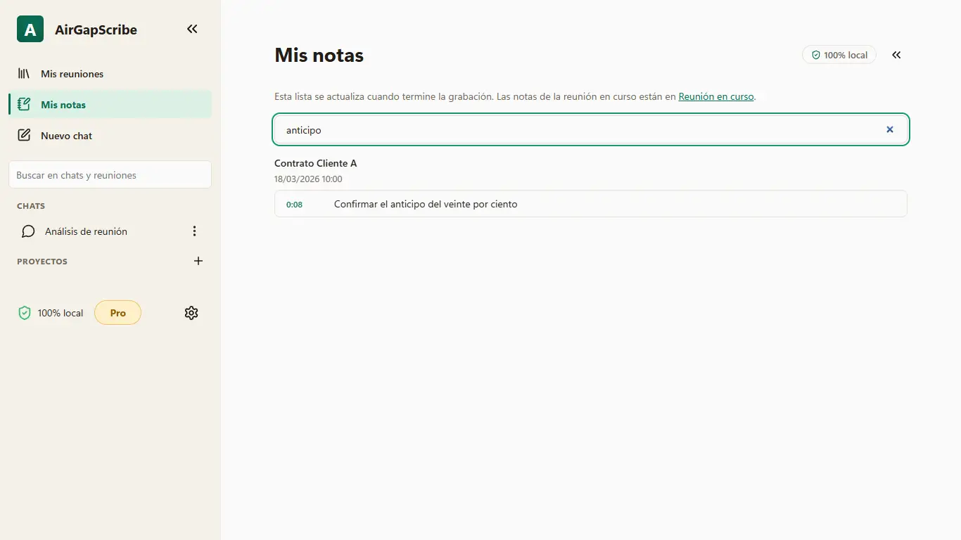 Mis notas: la búsqueda «anticipo» encuentra una nota en su minuto dentro de la reunión Contrato Cliente A